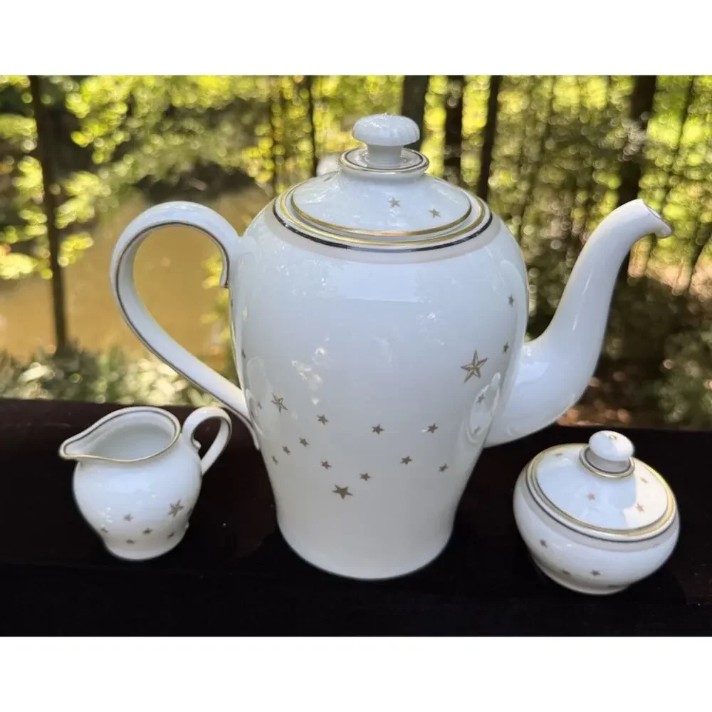 Rare Vintage Bing & Grondahl Milky Way Gold Star Pattern Tea Pot Cream & Sugar